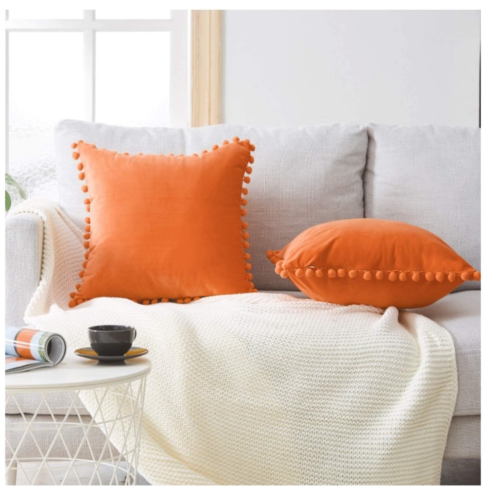 Retro Orange Modern Farmhouse Adorable Preppy Trendy Pompom Throw Pillow Cover - Picture 5 of 16